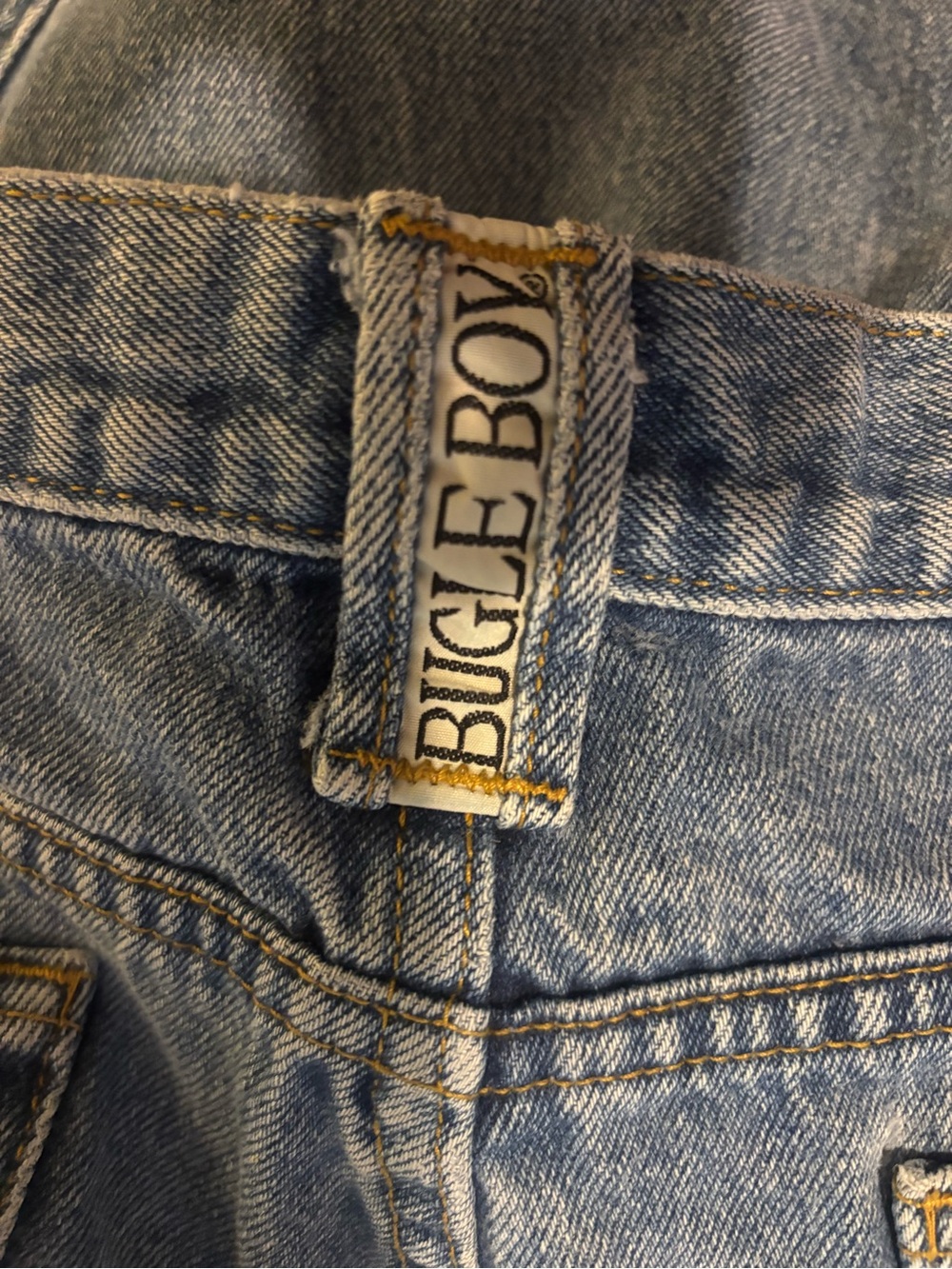 Vintage 90s Bugle Boy Men's Light Wash Denim Jeans with Gold Stitching